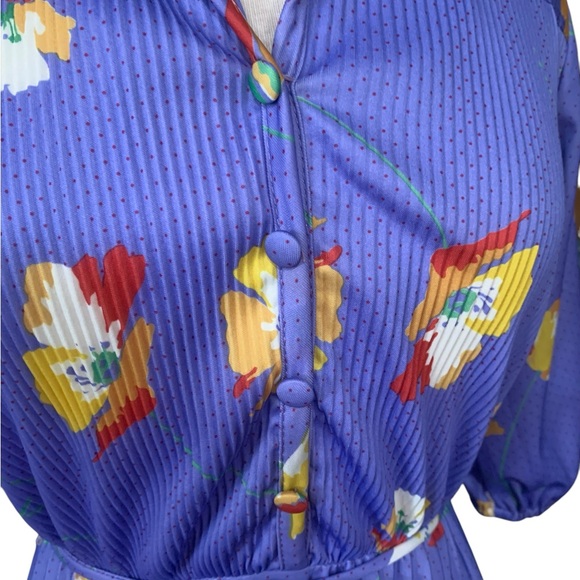 Vintage blue floral pleated pleated midi dress with fabric belt approx medium - Picture 9 of 9